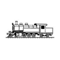Line art steam locomotive illustration, black and white outline of a vintage train engine on tracks against a clean white background. vector