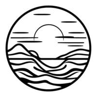 Minimalist circular depicting a serene sunrise over the ocean, with stylized waves, mountains, and clouds, framed by a bold black outline. vector