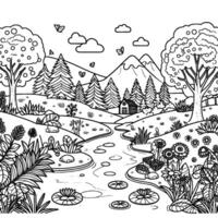 Tranquil black and white landscape illustration a meandering stream flows past a cozy cabin, surrounded by lush trees, wildflowers, lily pads, and distant mountains under a cloudy sky. vector
