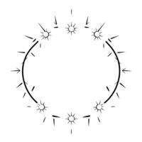 Minimalist Gray Line Art Circle Composition with Sunburst Embellishments and Arrowlike Indicators on White Background. vector