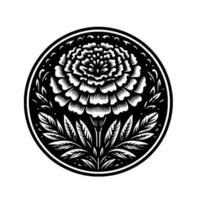 Ornate Black and White Circular Floral with a Detailed Peony at Center, Surrounded by Leaves and a Decorative Border. vector