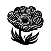 Bold Black and White Anemone Flower, Featuring Striped Petals, SeedFilled Center, and Decorative Leaves on a White Background. vector