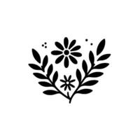 Minimalist Black and White Floral Emblem with Two Daisies, Leafy Branches, and Decorative Dots on a Plain White Background. vector
