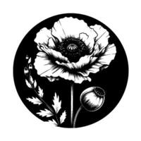 Elegant, highcontrast botanical illustration featuring a large poppy flower, buds, leaves, and seed pod inside a black circle frame on a white background. vector