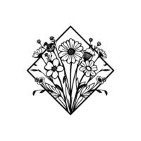 Elegant floral illustration of diverse blossoms, leaves, and stems, arranged within a geometric rhombus frame, a monochromatic artistic . vector
