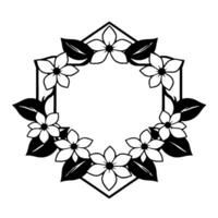 Elegant Black and White Floral Hexagonal Wreath with Blooming Flowers and Leaves, Perfect for Invitations. vector