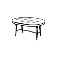 Minimalist black and white illustration of an oval coffee table with a simple, wooden tabletop and elegant, tapered legs, isolated on a white background. vector