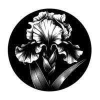 A detailed black and white illustration of an iris flower, centered within a black circle, featuring intricate line work. vector