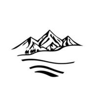 A minimalist black and white stylized depiction of a mountain range with figures traveling across a landscape inside a geometric diamond frame. vector