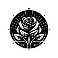 A stylized, symmetrical black and white rose emblem within a circular frame, featuring linear elements and decorative accents. vector