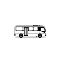 Simple black and white illustration of a small public transport bus, side view, on a stark white background, minimalist . vector