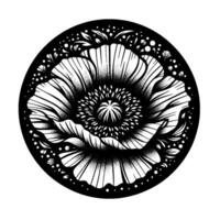 Intricate Black and White Floral Mandala Detailed, stylized poppy in a circular frame, featuring delicate stippling and ornamental leaves and dots. vector