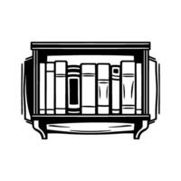 A minimalistic black and white line drawing of a bookshelf filled with varying books. vector