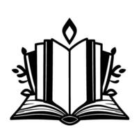 Stylized Illustration of an Open Book with Candlelike Flame, Vine Embellishments, and a Detailed Eyeshaped Element. vector