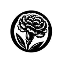 Elegant black and white illustration of a carnation flower contained within a circular frame, depicting intricate details. vector