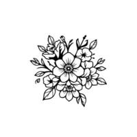 Intricate Black and White Floral Bouquet Illustration, Detailed Line Art with Leaves and Blossoms on White Background. vector