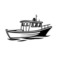 of a stylized fishing boat in black and white, navigating calm waters, with a clean and minimalist aesthetic, perfect for nautical themes. vector