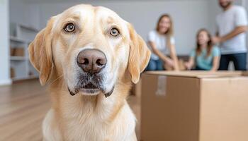 Friendly Labrador Dog Sitting in Front of Family in New Home photo