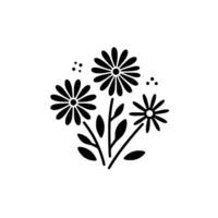 Minimalist Black and White Floral Illustration Three Daisies with Leaves, dots, and stems arranged on a white background. vector