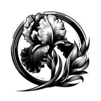 Intricate Black and White Iris Illustration in a Circular Frame, Featuring Detailed Line Art and a Monochromatic Aesthetic. vector