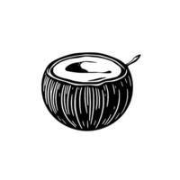 Black and white linocut illustration of a halved coconut filled with coconut cream, with a small spoon resting on top, isolated on white. vector
