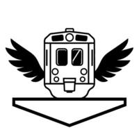 Whimsical monochrome illustration of a train with wings soaring above an angled rectangular platform, suggesting flight and transportation. vector