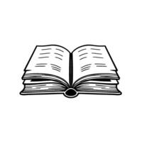 A simplistic, open book illustration with thick black outlines, showing readable pages, a classic symbol of learning and knowledge, centered on a white background. vector