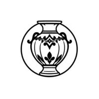 Intricate Black and White Illustration of a Decorative Urn Enclosed in a Circular Frame, Featuring Floral Motifs vector