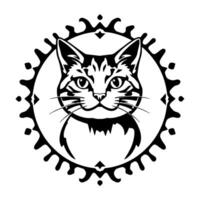 Intricate black and white illustration of a cats head within a decorative circular frame, embodying a sense of elegance and minimalism. vector