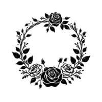 Elegant Black Rose Wreath A monochromatic, floral featuring roses, buds, leaves, and delicate vines in a circular arrangement on white backdrop. vector