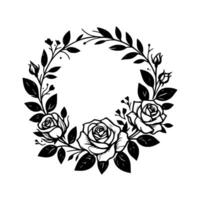 A symmetrical black and white illustration of a floral wreath featuring detailed roses, buds, and leaves arranged in a circular with a minimalist aesthetic on a clean white background. vector