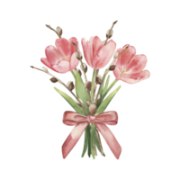 Bouquet of pink tulips and willow tied with a bow. Watercolor illustration with spring Easter flowers is hand-drawn in botanical style. For holiday decoration, cards, invitations, packaging png