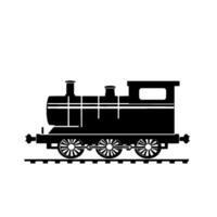 A stark monochrome illustration showcases a classic steam locomotive in profile, set on tracks against a pristine white background. vector