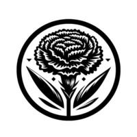 Black and White Floral Emblem Carnation Silhouette Enclosed within a Circular Frame, with Geometric Accents. vector