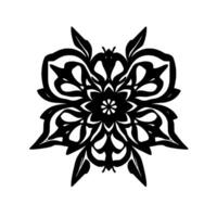 Symmetrical Black Floral Mandala on White Background with Leafy Petals and Central Starburst. vector