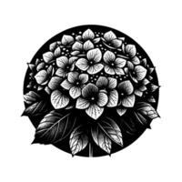 Elegant Black and White Hydrangea Bouquet Illustration, Set Against a Symmetrical Black Circle Frame. vector