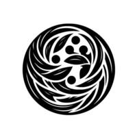 Intricate Circular Black and White Floral and Berry Motif with a Spiraling Arrangement and Negative Space in a Clean, Style. vector