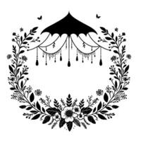 Elegant monochrome floral wreath with ornate chandelierlike canopy and butterfly accents, creating a decorative frame. vector