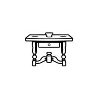Black and white illustration of a classic wooden side table with a drawer, a decorative support, and a small bowl on top. vector