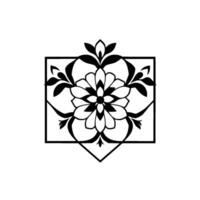 Symmetric black and white floral enclosed in a geometric square, featuring ornate petals and leaves, perfect for ornamental use. vector