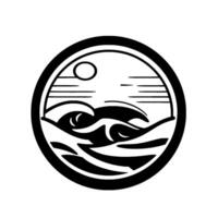 Black and white stylized ocean waves inside a circular frame, with a minimalist sun and horizon lines. vector