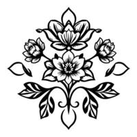 Intricate Black and White Floral symmetrical blooms and leaf patterns, isolated on a white background, creating a sense of elegance. vector