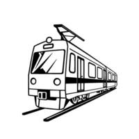 Black and white illustration of a modern train or metro, perspective view on tracks. vector