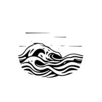 Abstract minimalist black and white illustration of a breaking wave with an island, in a round composition, with horizontal lines suggesting a horizon and sky, evoking calmness and serenity. vector