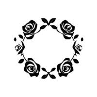 A symmetrical monochrome floral wreath composed of stylized roses and leaves, creating a circular decorative element with a negative space in the center. vector