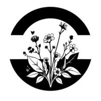 Black and white floral botanical arrangement encircled by a split circle in minimalistic and illustration style, with clean lines. vector