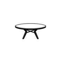 Minimalist black and white illustration of a midcentury modern, round coffee table with crosslegged base isolated on a white background. vector