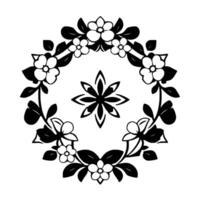 Intricate Black and White Floral Wreath with Stylized Flowers and Leafy Branches, Centered by a Starburst Motif. vector