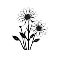 Black and white digital illustration of two daisies, stems and leaves, rendered in a line art style. vector