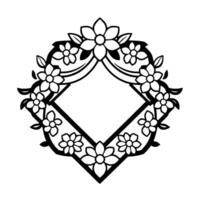 Black and white floral diamondshaped decorative frame, encompassing a central empty rhombus, elegantly designed for embellishment. vector
